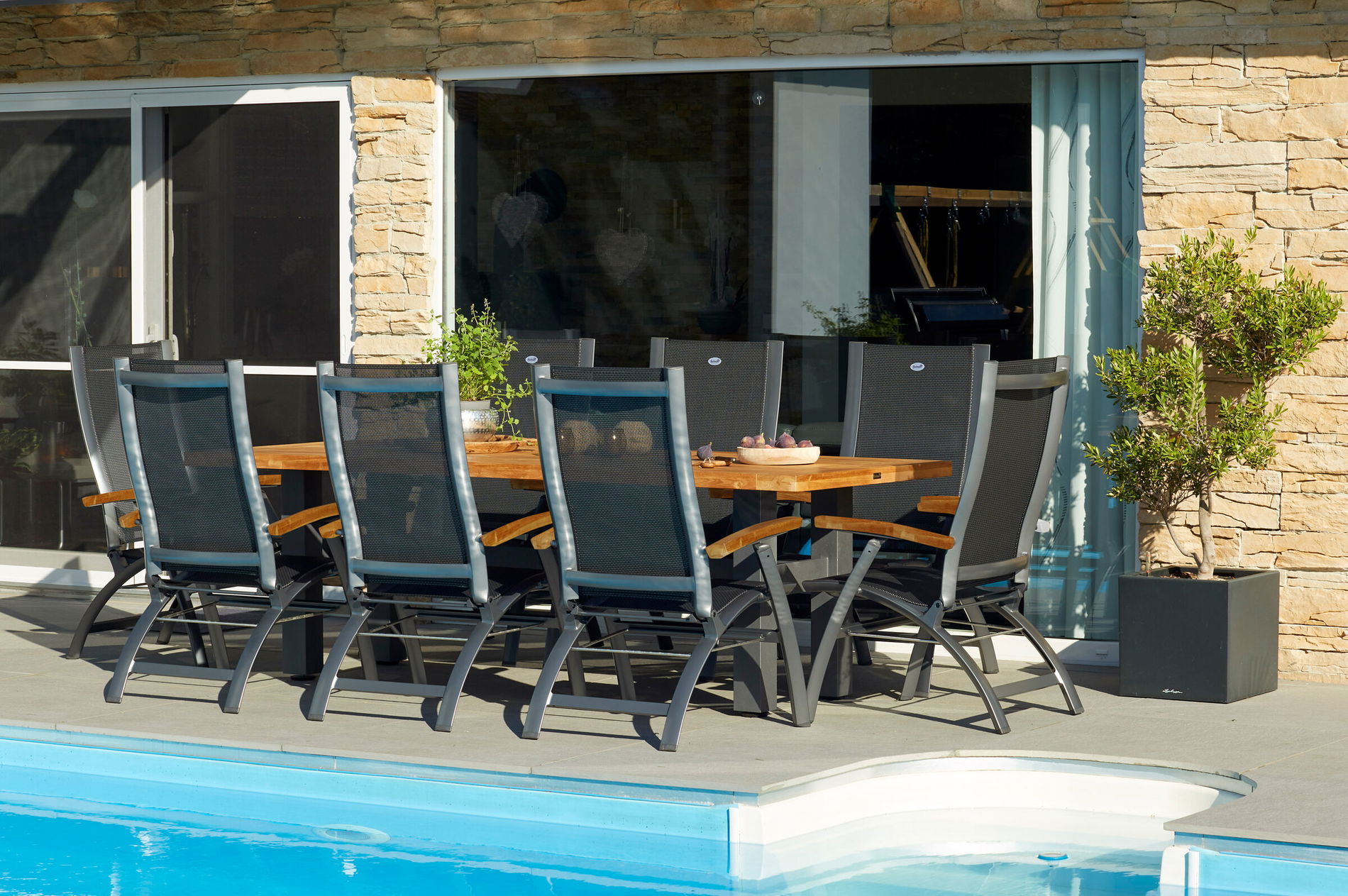 HARTMAN Model specjalny Yasmani / Primo Ogrodowa grupa stołowa, xerix/naturalny, Alu/Teak/Ceramika szklana, 8 krzeseł składanych, 220/280x100cm, podłokietniki z teku