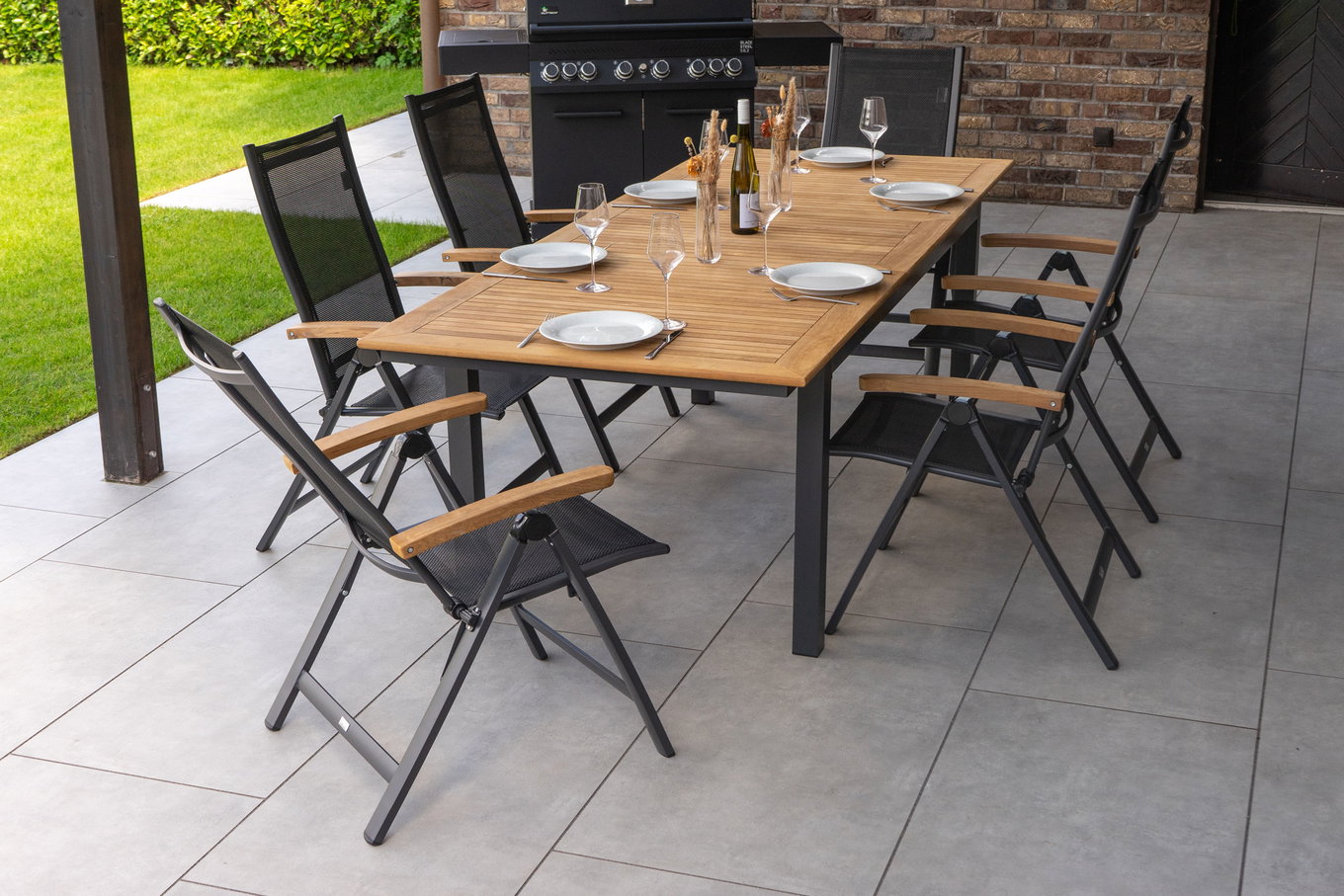 OUTFLEXX Ogrodowa grupa jadalna, OUTFLEXX® antracytowy matowy, Alu / Teak / Textil, Stół 180/240x100cm, 6 krzeseł składanych 22185__1