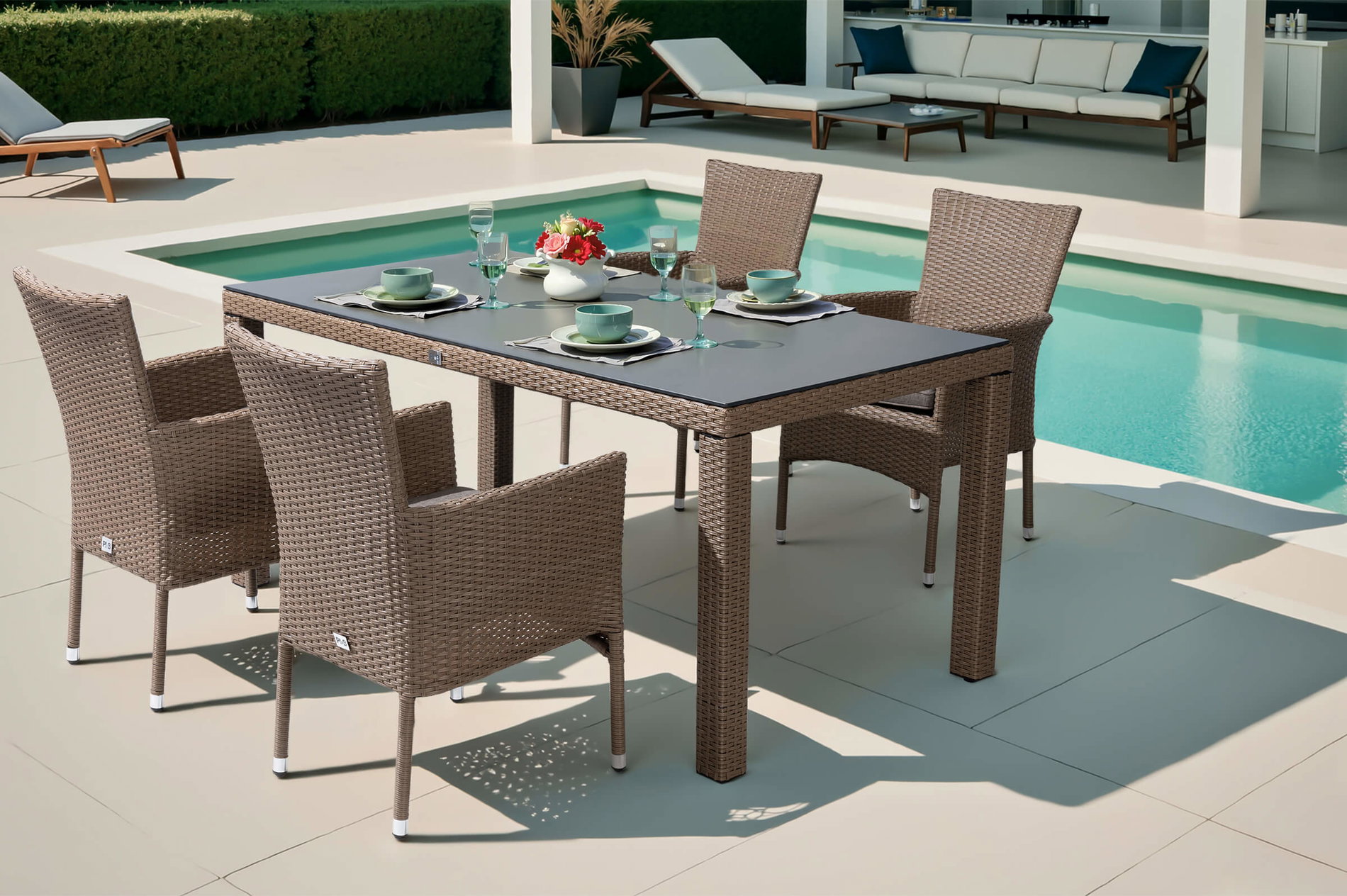 OUTFLEXX Rabida Garten-Essgruppe, champagner-meliert, Polyrattan, Tisch 170 x 90 cm, 4 Stapelsessel, Glasplatte in Steinoptik OUTFLEXX Rabida Garten-Essgruppe, champagner-meliert, Polyrattan, Tisch 170 x 90 cm, 4 Stapelsessel, Glasplatte in Steinoptik