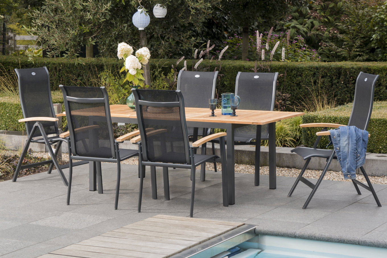 HARTMAN Alice Ogrodowa grupa stołowa, xerix/naturalny, Alu/Teak, 4x4 Textilene, 2 Krzesła składane, 4 Fotele sztaplowane, 150/210x90cm 16891__1