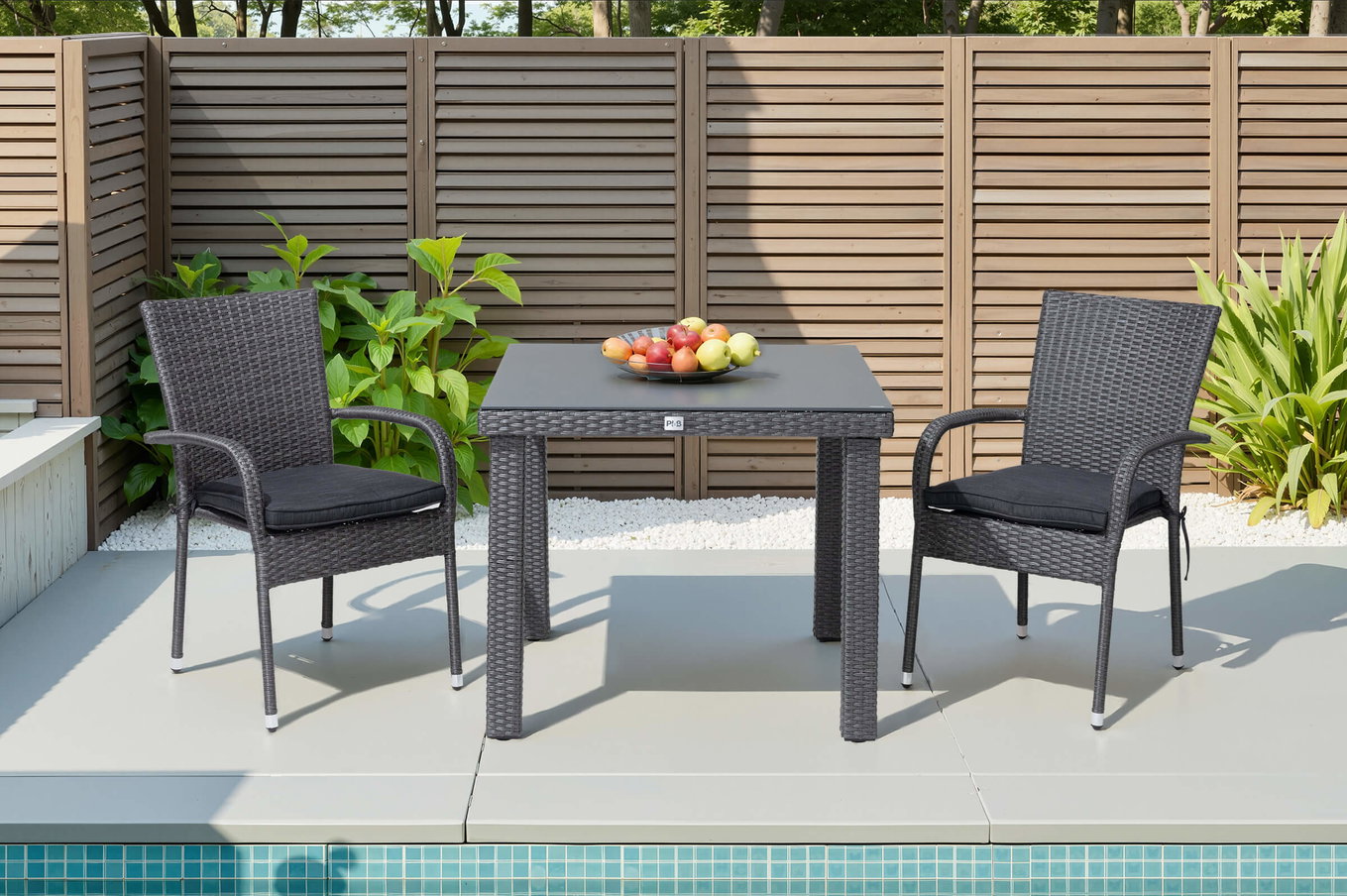 Ploß Rocking Zestaw balkonowy, szary/brązowy melanż, Polyrattan, Stół 90x90 cm, 2 krzesła składane, Płyta szklana w wyglądzie kamienia 21074__1