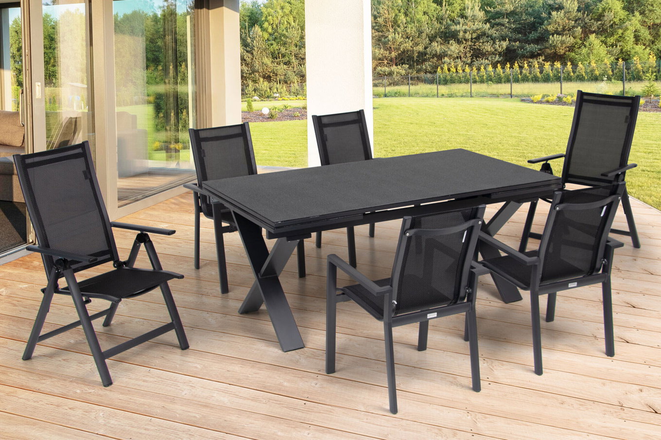 OUTFLEXX Ogrodowa grupa jadalnia, OUTFLEXX® antracytowy mat, Alu / Spraystone / Textil, Stół 180/280 x 100 cm, 4 fotele sztaplowane, 2 krzesła składane 22139__1
