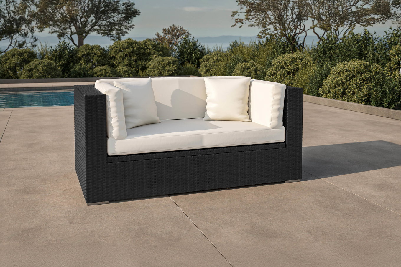 OUTFLEXX Sofa 2-osobowa, kremowo/biała, czarna, polyrattan 152x85x70cm, w zestawie poduszki i wodoodporna skrzynia na poduszki 2392_2_BOX__1