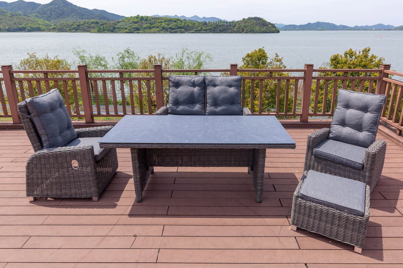 OUTFLEXX Zestaw jadalniany ogrodowy, szary, polyrattan, stół 200x95cm, Spraystone, 6mm, sofa 2-osobowa + 2 fotele + podnóżek 20897__1