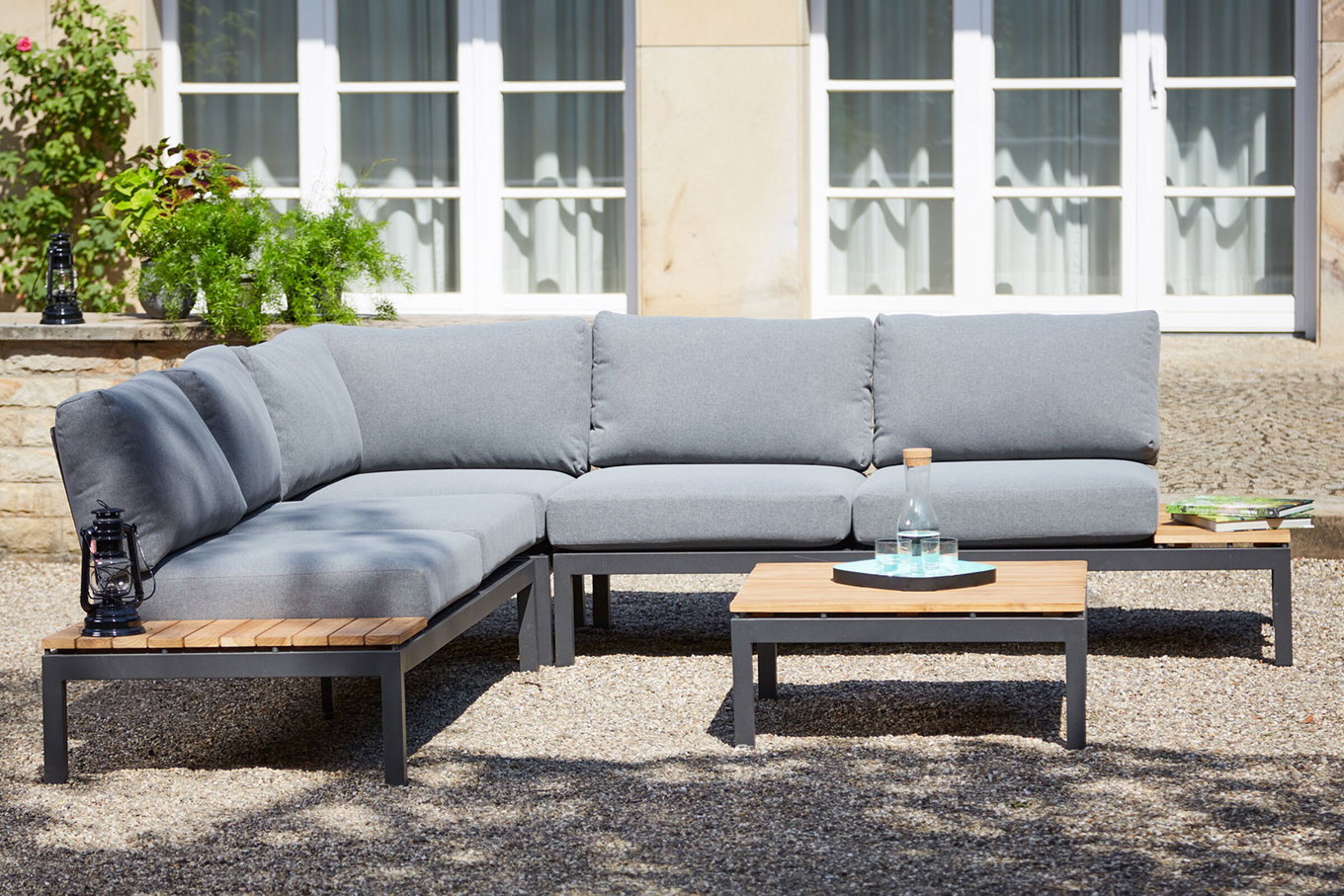 SIENA GARDEN Alvida zestaw Set, matowy antracyt/szary, Alu/tkanina Ranotex®/Teak, stolik 74x74cm, z poduszkami 22092__1
