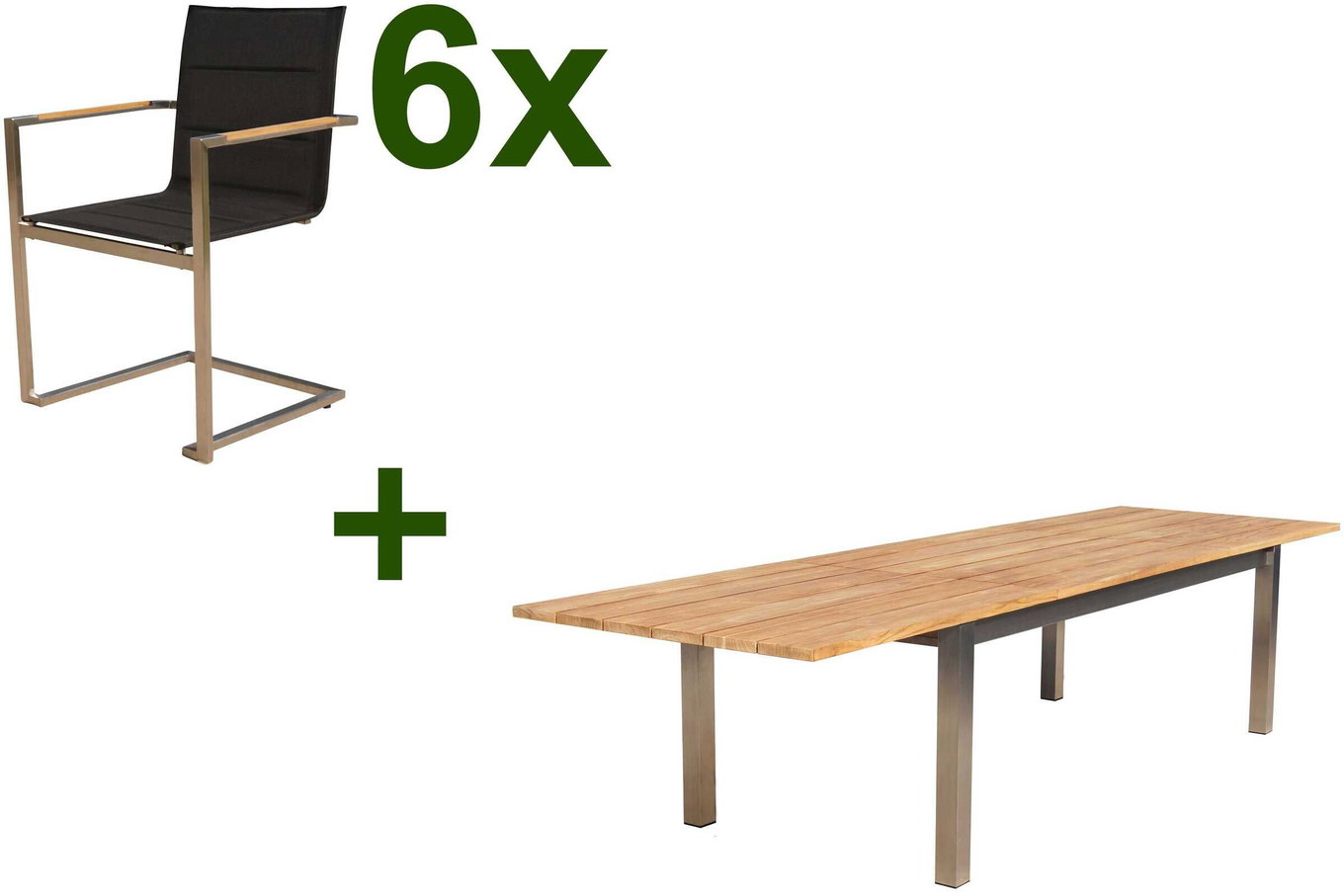 OUTFLEXX Zestaw jadalniany ogrodowy, stal nierdzewna/teak, 220/340 x 100 cm, 6 krzeseł bujanych, czarny, grubość blatu 3cm, produkt certyfikowany FSC® 17319__1