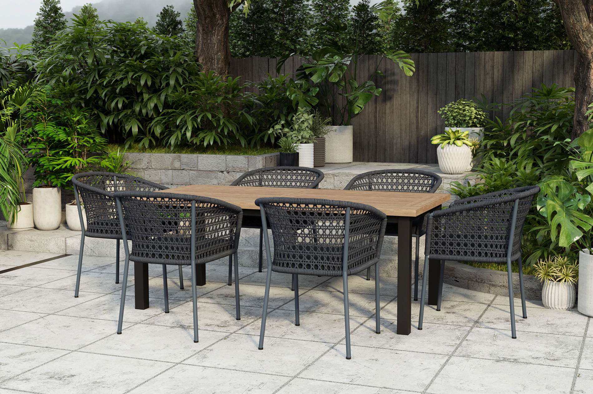 OUTFLEXX Oxford/Zui Grupa jadalna ogrodowa, antracyt/ciemnoszary, stal nierdzewna/recycled Teak/Rope, 200/260 x 100 cm, 6x fotel, w zestawie poduszki 24310__1