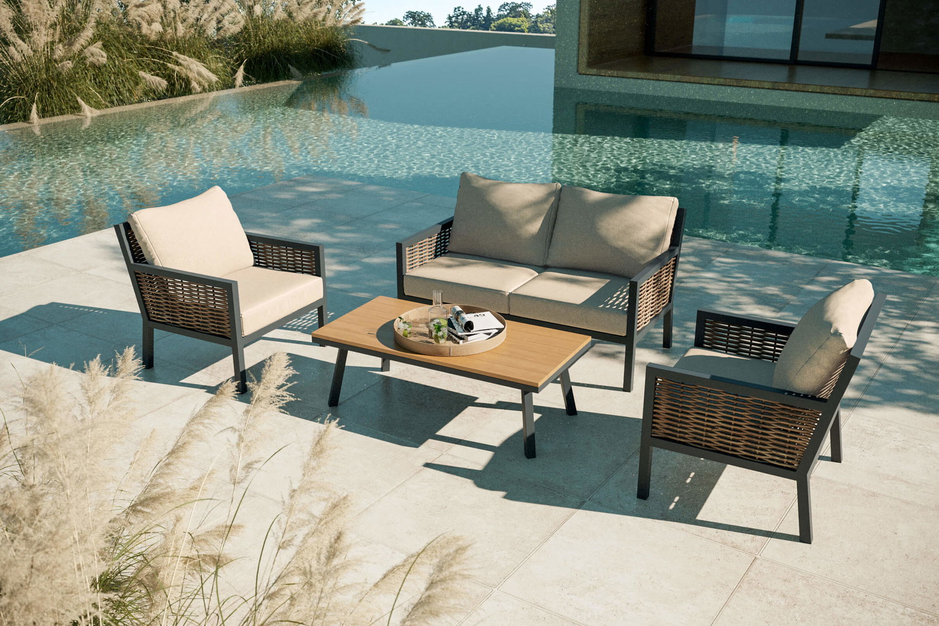 OUTFLEXX Aurelia zestaw wypoczynkowy dla 4 osób, antracyt/beżowy, aluminium/technorattan, z poduszkami