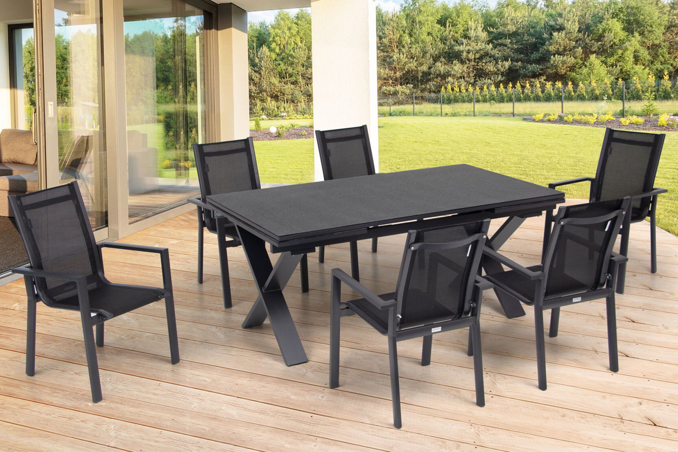 OUTFLEXX Grupa jadalnia ogrodowa, OUTFLEXX® antracyt matowy, aluminium / Spraystone / tekstylia, stół 180/280x100cm, 6 krzeseł składanych 22136__1