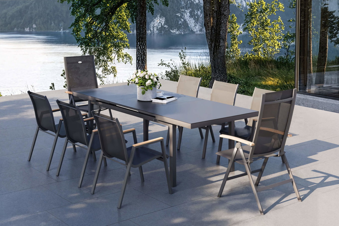 HARTMAN Aruba Teak ogrodowa grupa jadalnia, xerix, Alu/Textilene, stół 180/240x100cm, 6 foteli sztaplowanych, 2 krzesła składane 19342__1