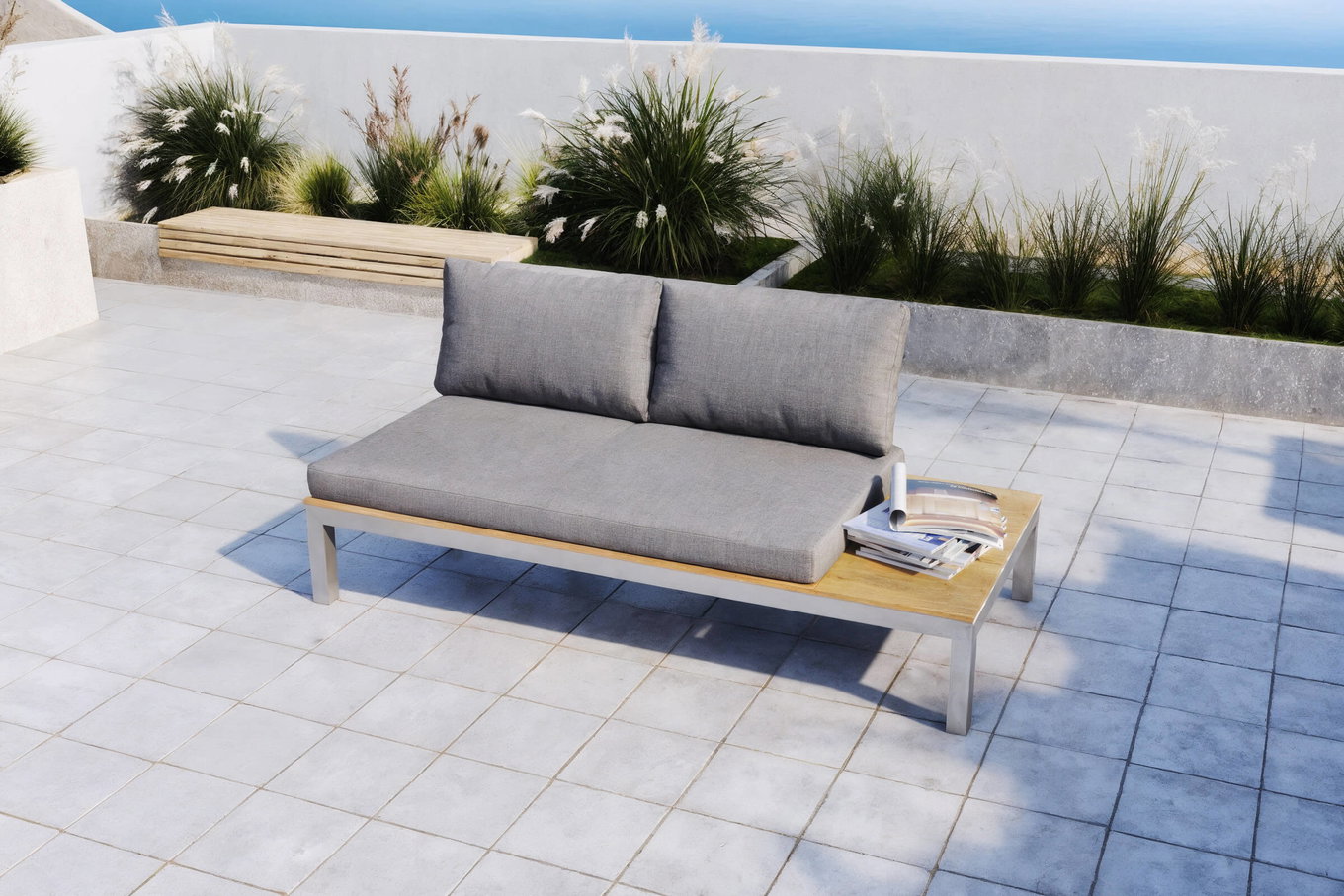 OUTFLEXX Sofa 2-osobowa, srebrny/szary, stal nierdzewna/drewno tekowe/tekstylia, 168 x 79 x 64 cm, produkt z certyfikatem FSC® 18294__1