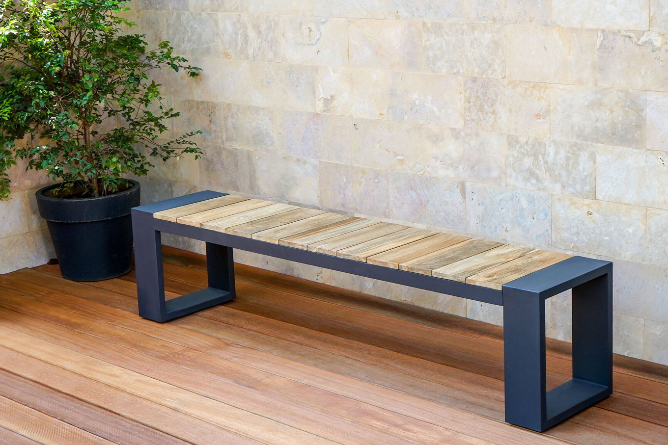 Ławka OUTFLEXX Kona, ciemnoszary/naturalny, aluminium/recyclowany teak, 200x40x45cm, rustykalne szczotkowanie, stelaż w kształcie U, produkt certyfikowany FSC® 20329__1