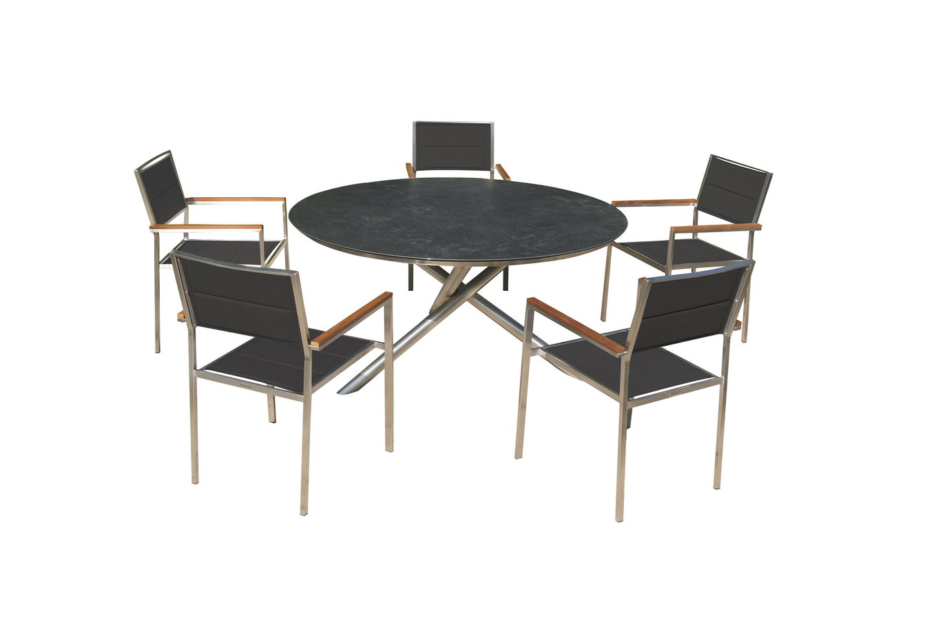OUTFLEXX Grupa jadalniany ogrodowa, srebrny/czarny, stal nierdzewna/ceramika szklana/Textilene/drewno tekowe, stół Ø150cm, 5 krzeseł, wyściełane 24042__1