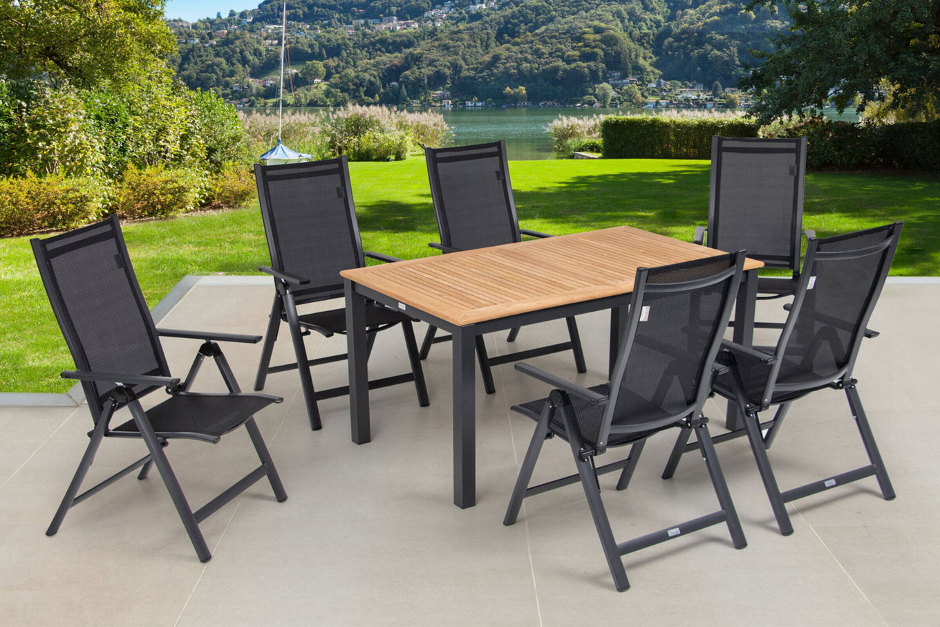 Grupa jadalna ogrodowa OUTFLEXX, antracyt matowy OUTFLEXX®, aluminium / teak / tkanina, stół rozkładany 150/210 x 90 cm, 6 krzeseł składanych 22174__1