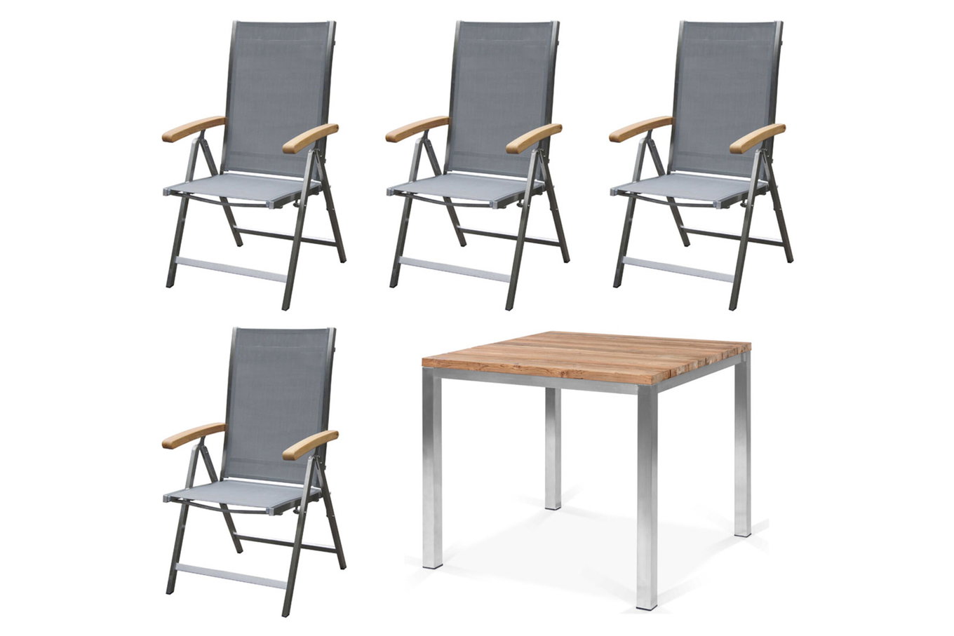 OUTFLEXX Ogrodowy zestaw jadalny, stal nierdzewna/recyklingowane drewno tekowe, stół 90 x 90 cm, 4 krzesła składane, srebrny, produkt certyfikowany FSC® 17263__1