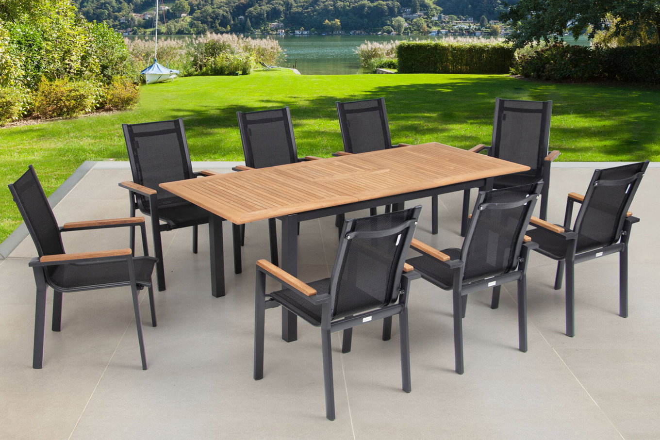 OUTFLEXX Ogrodowa grupa jadalna, OUTFLEXX® antracyt matowy, Alu / Teak / Textil, Stół 150/210x90cm, 8 Foteli składanych 22170__1