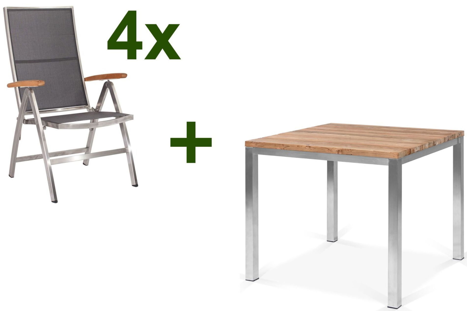 STERN Cardiff Ogrodowa grupa jadalna, srebrny/srebrno-szary, Stal nierdzewna/recyklingowane drewno tekowe, Stół 90 x 90 cm, 4 Krzesła składane, Produkt certyfikowany FSC® 19770__1