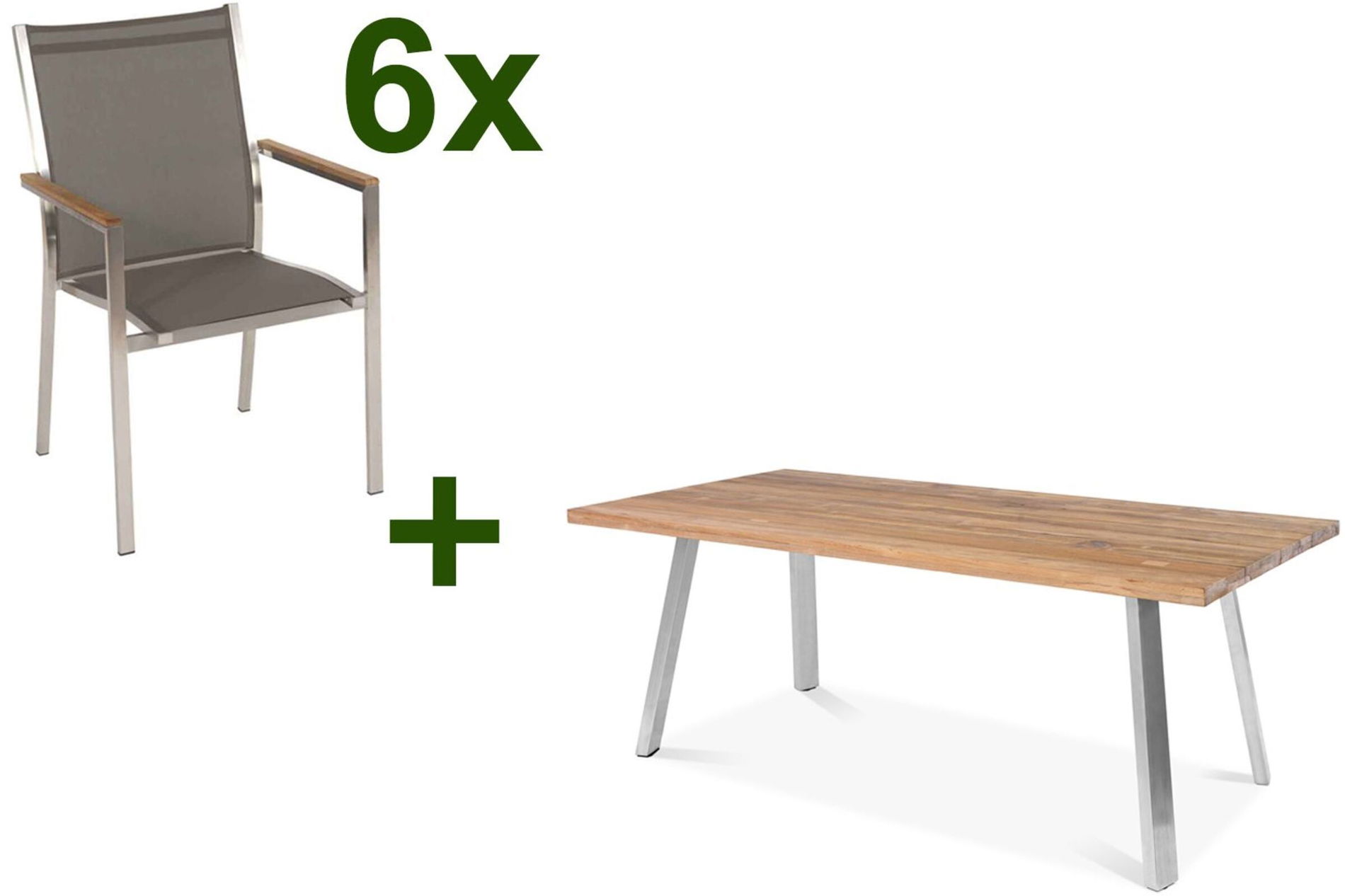 STERN Cardiff Ogrodowa grupa jadalna, srebrny/taupe, stal nierdzewna/recyklingowy teak, stół ze stelażem w kształcie litery A 220 x 100 cm, 6 krzeseł sztaplowanych, produkt z certyfikatem FSC® 19715__1