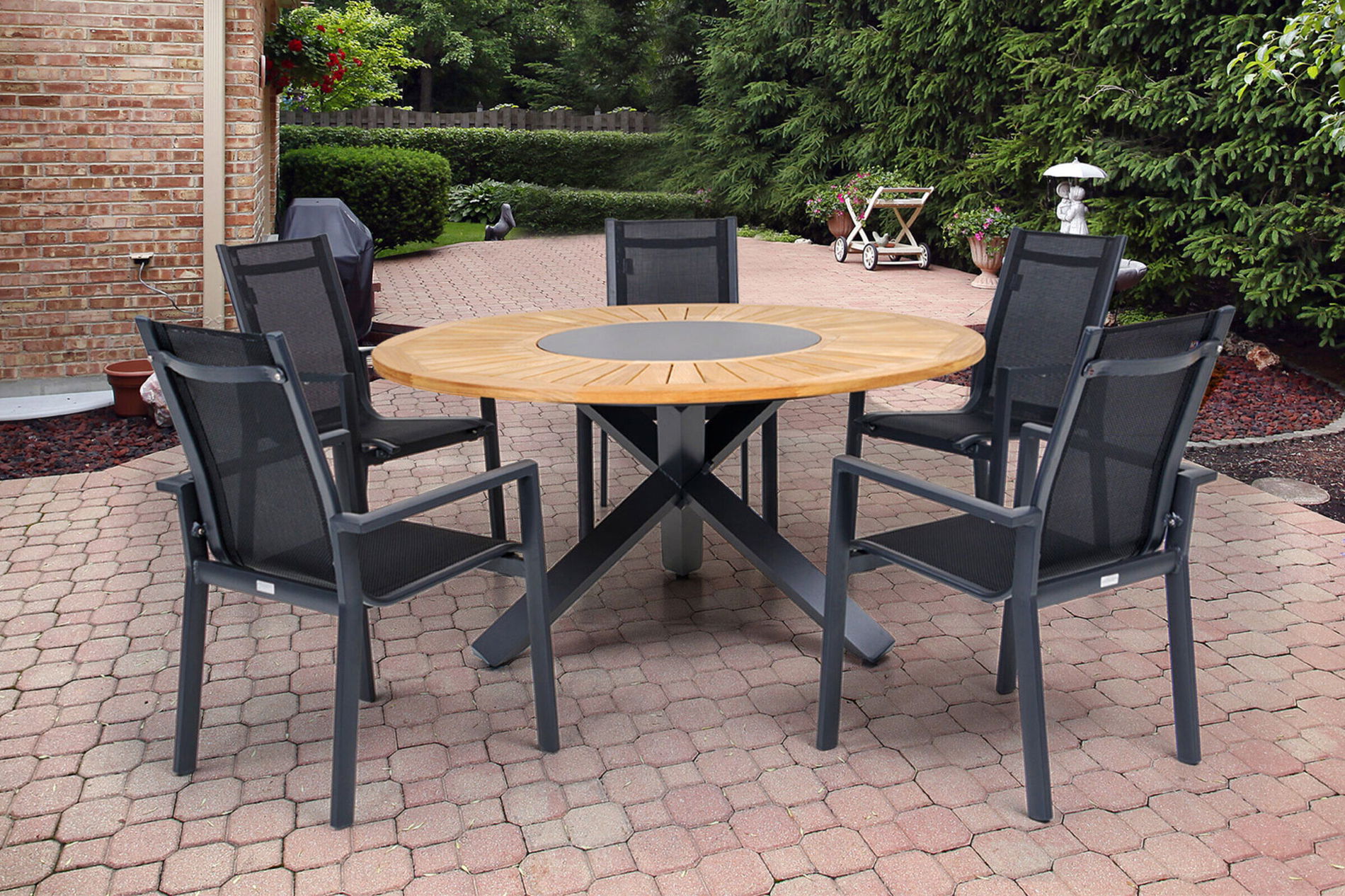 OUTFLEXX Zestaw jadalny ogrodowy, OUTFLEXX® antracyt matowy, Alu / Teak / Textil, Stół jadalniany Ø 150 cm, 5 krzeseł sztaplowanych 22203__1