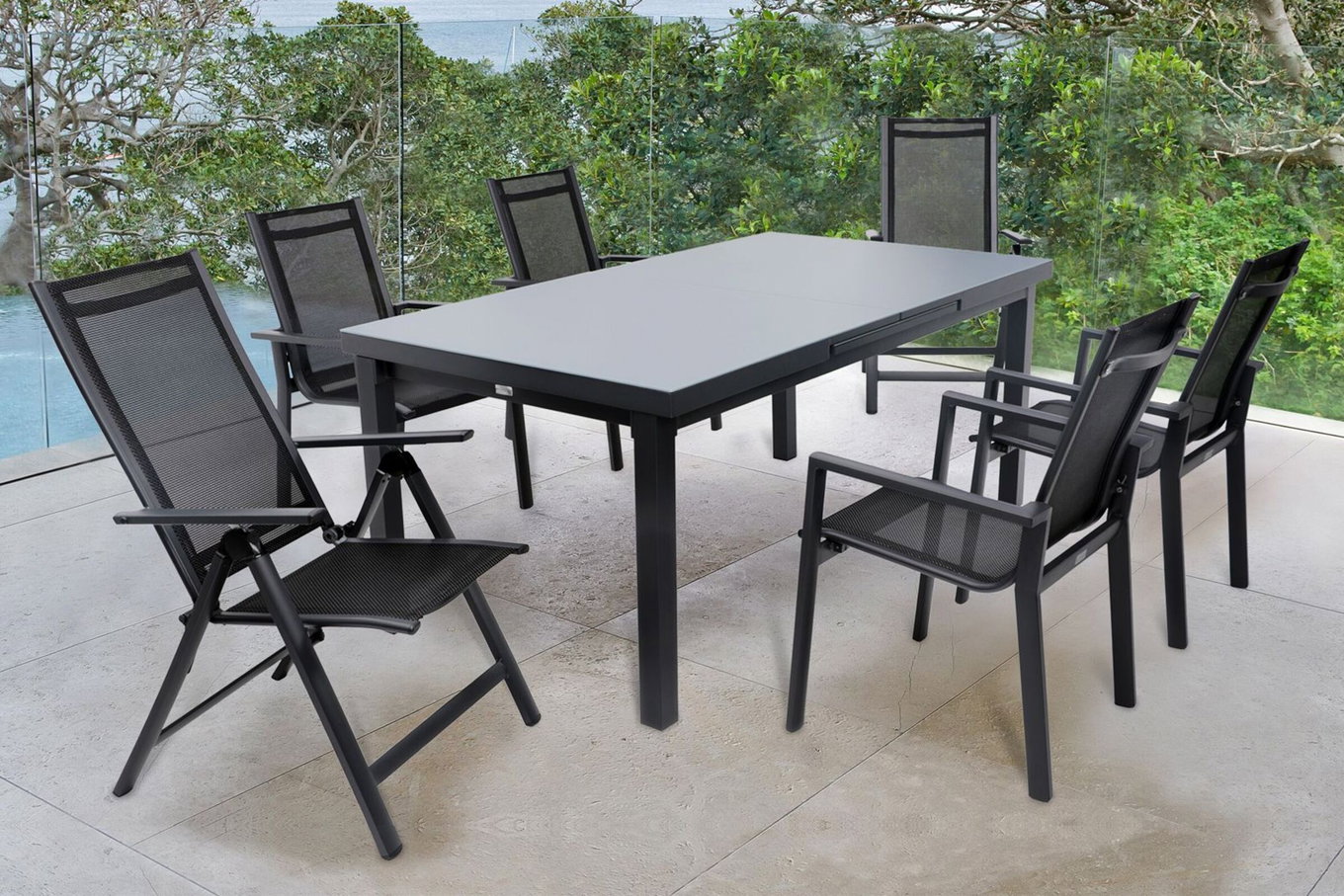 OUTFLEXX Premium zestaw ogrodowy jadalniany, OUTFLEXX® antracyt matowy, Alu/Textilene, stół 180/240x100cm, 4 fotele sztaplowane, 2 krzesła składane 19299__1