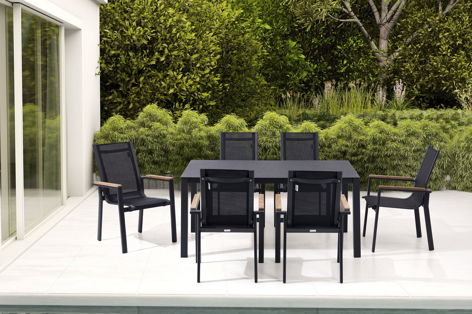 Grupa jadalna ogrodowa OUTFLEXX, antracyt mat, Alu/Spraystone/Textilene, 160x95 cm, 6 krzeseł, podłokietniki z teku 28183__1