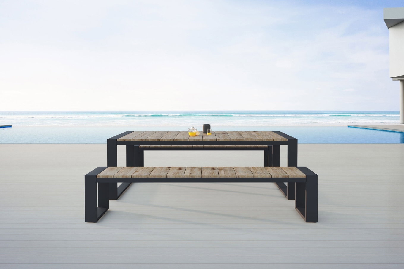 OUTFLEXX Kona Ogrodowy zestaw jadalny, ciemnoszary/naturalny, aluminium/recyclowany teak, stół jadalny 240x100cm, 2x ławka 240x40cm, stelaż U, produkt certyfikowany FSC® 20607__1
