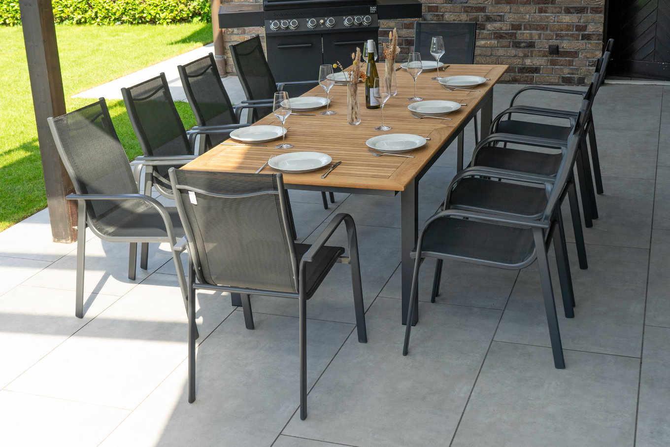 OUTFLEXX Garten-Essgruppe, OUTFLEXX® anthrazit matt, Alu / Teak / Textil, Tisch 180/240x100cm, 10 Sessel, stapelbar 22199__1