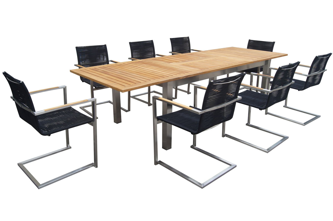 OUTFLEXX Zestaw stołowy ogrodowy, srebrny/czarny, stal nierdzewna/teak, stół rozkładany 200-300 x 100 cm, 8 krzeseł wspornikowych, produkt z certyfikatem FSC® 18867__1