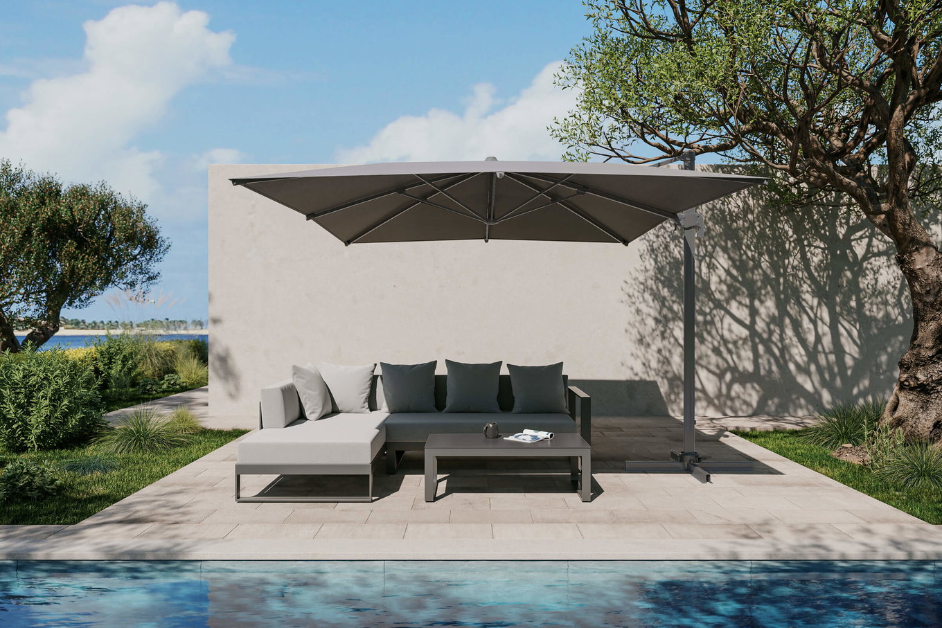 Zestaw mebli ogrodowych OUTFLEXX Almeria zestaw z parasolem wspornikowym, antracyt/szary, alu/szkło, 400 x 300 cm, malowany proszkowo, ochrona UV, odporny na warunki atmosferyczne 80571__1