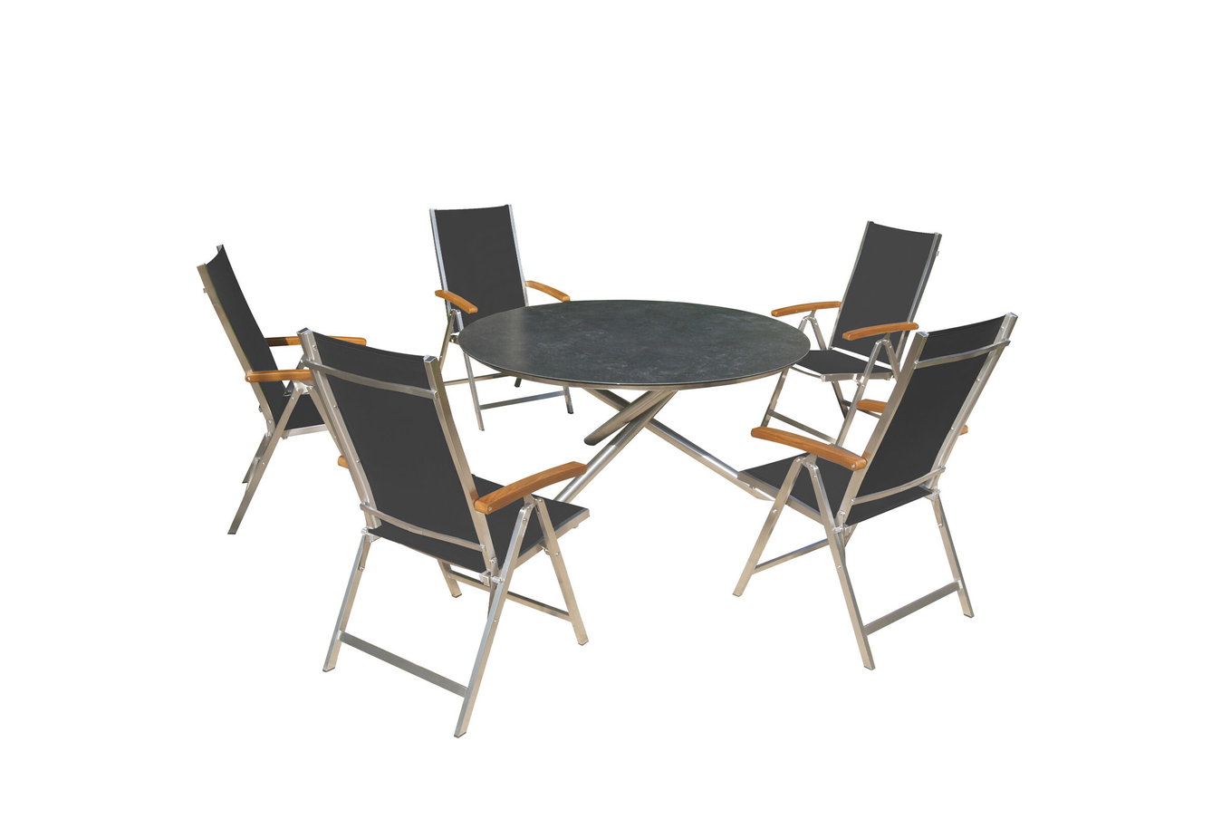 OUTFLEXX Grupa jadalna ogrodowa, srebrny/czarny, stal nierdzewna/szklana ceramika/Textilene/drewno tekowe, stół Ø150cm, 5 krzeseł składanych, regulowane 24040__1