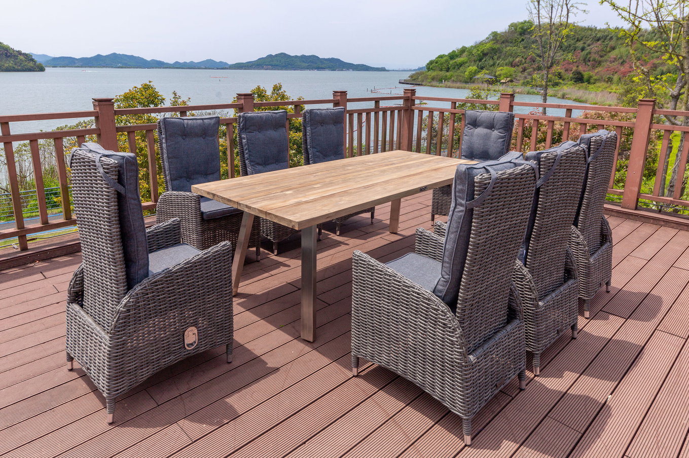 OUTFLEXX Garten-Essgruppe, Edelstahl/recyceltes Teak, Tisch 220x100 cm, 8 Hochlehner- Diningsessel, A-Gestell, FSC®-zertifiziertes Produkt 19381__1