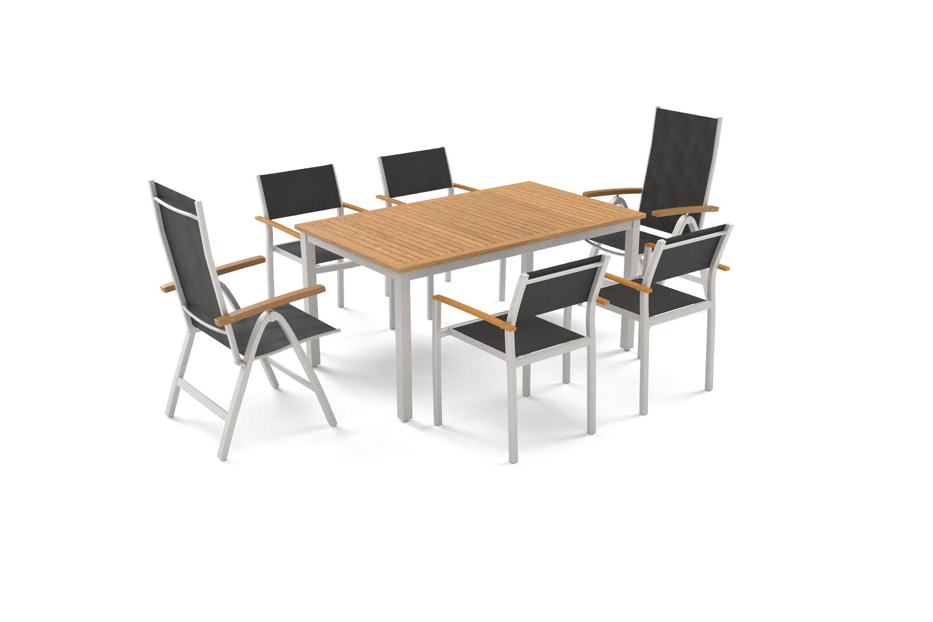 VILLANA Ogrodowy zestaw jadalniany, srebrny/naturalny, Alu/Eukaliptus, 150 x 90 cm, 4 krzesła sztaplowane, 2 krzesła składane, odporny na warunki pogodowe, trwały, produkt z certyfikatem FSC® VILLANA Ogrodowy zestaw jadalniany, srebrny/naturalny, Alu/Eukaliptus, 150 x 90 cm, 4 krzesła sztaplowane, 2 krzesła składane, odporny na warunki pogodowe, trwały, produkt z certyfikatem FSC®