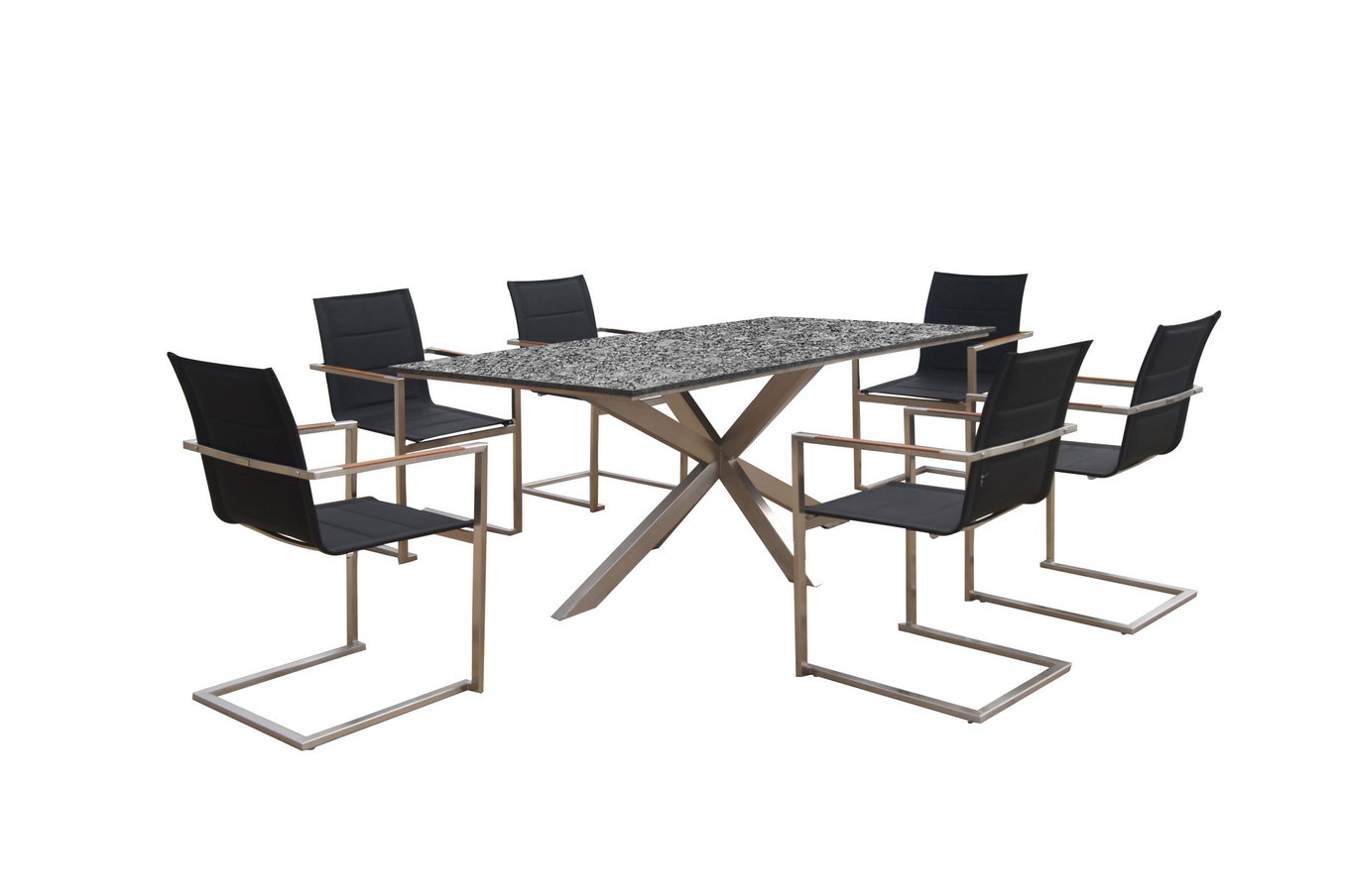OUTFLEXX Garten-Essgruppe, silber/schwarz, Edelstahl/Granit/Textil, 200x100 cm, 6 Freischwinger, padded, Armlehnen aus Teak 22783__1
