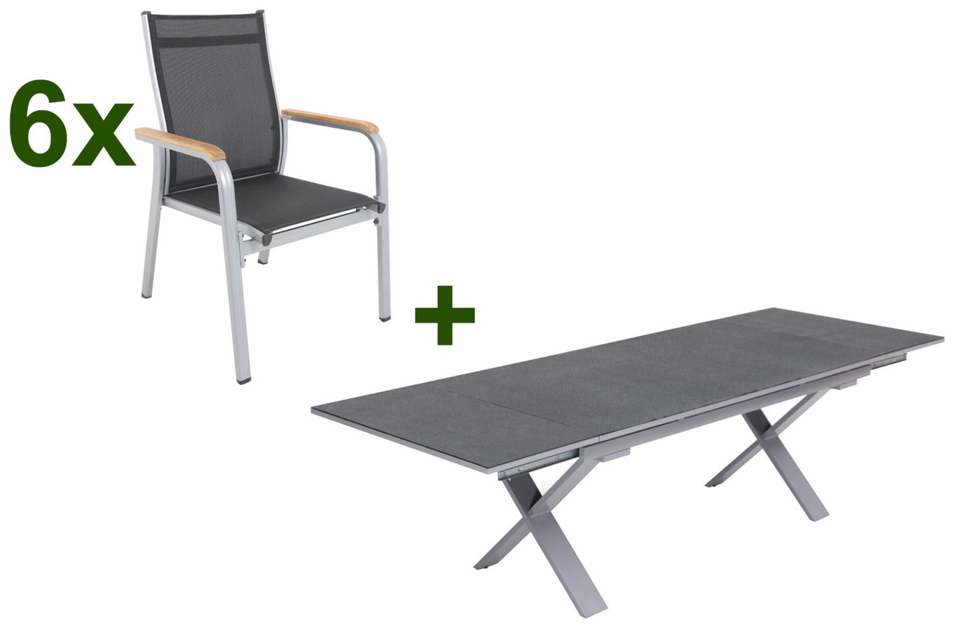 KETTLER Granada ogrodowa grupa jadalna, srebrny / antracyt, Alu / Spraystone / Teak, Stół 180/280x100cm, 6 krzeseł sztaplowanych 23019__1