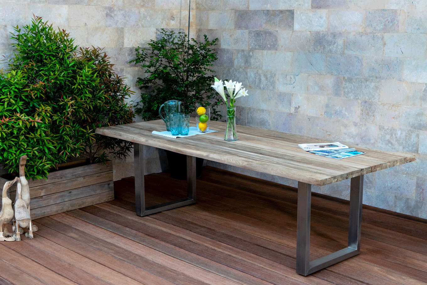 Stół jadalny OUTFLEXX, naturalny, stal nierdzewna/recyklingowany teak, 240 x 100 cm, krawędź drzewa, produkt certyfikowany FSC® 20357__1