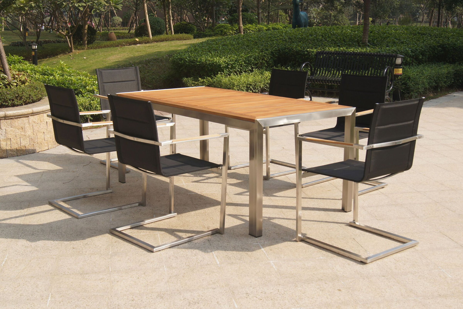 OUTFLEXX Grupa stołowa ogrodowa, czarna, stal nierdzewna/teak, stół 200 x 90 cm, 6 krzeseł sztaplowanych tapicerowanych 14202__1