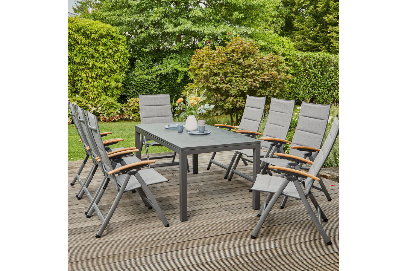 SIENA GARDEN Savina XL/Miros Komplet ogrodowy do jadalni, matowy grafit/szary, Alu/Teak/Texfabric/Spraystone, Stół 180/240x90 cm, 8 krzeseł składanych 22039__1