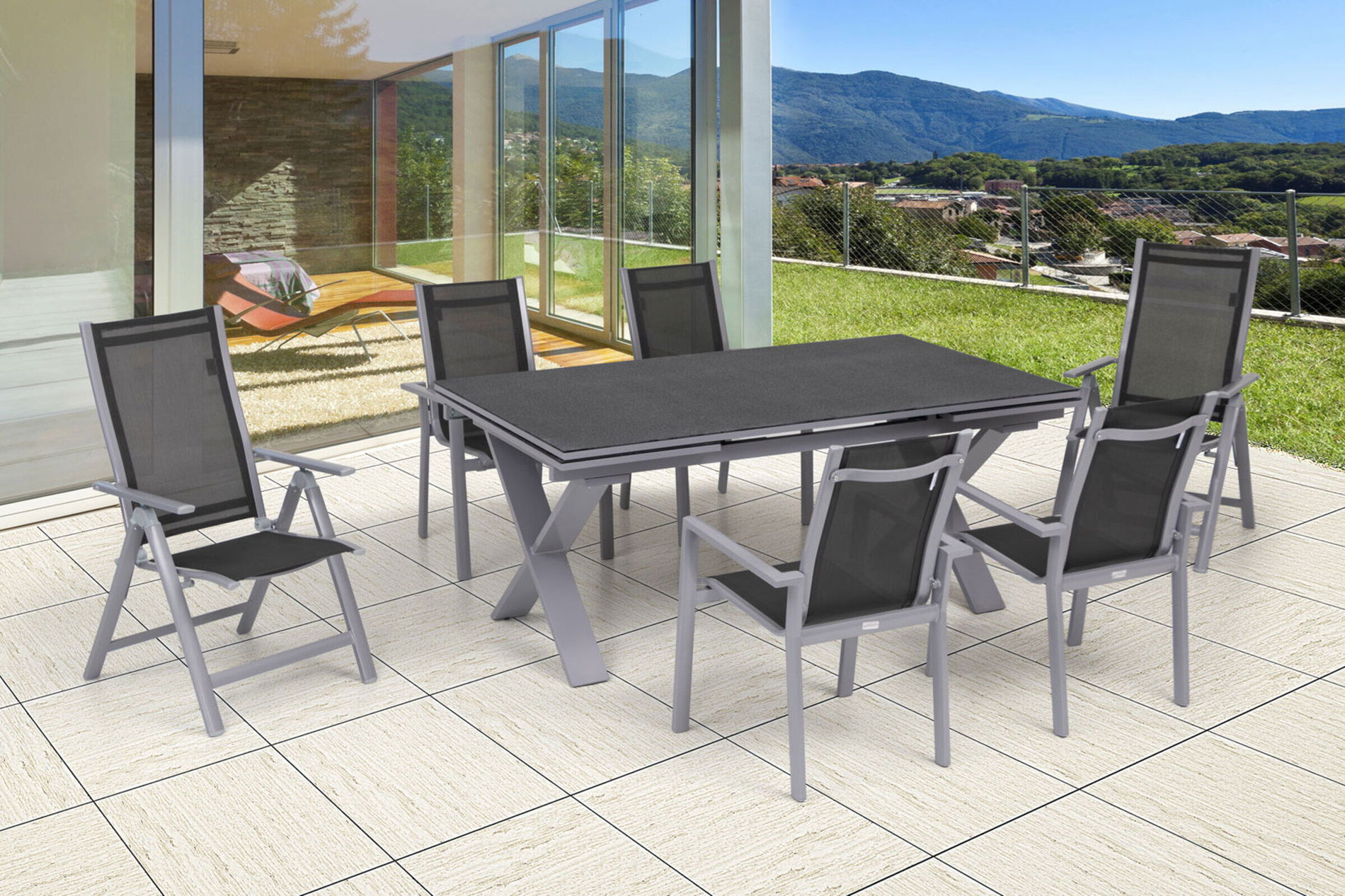 OUTFLEXX Zestaw jadalny ogrodowy, srebrny, aluminium / ceramika / tkanina, stół 180/280 x 100 cm, 4 krzesła sztaplowane, 2 krzesła składane 22217__1