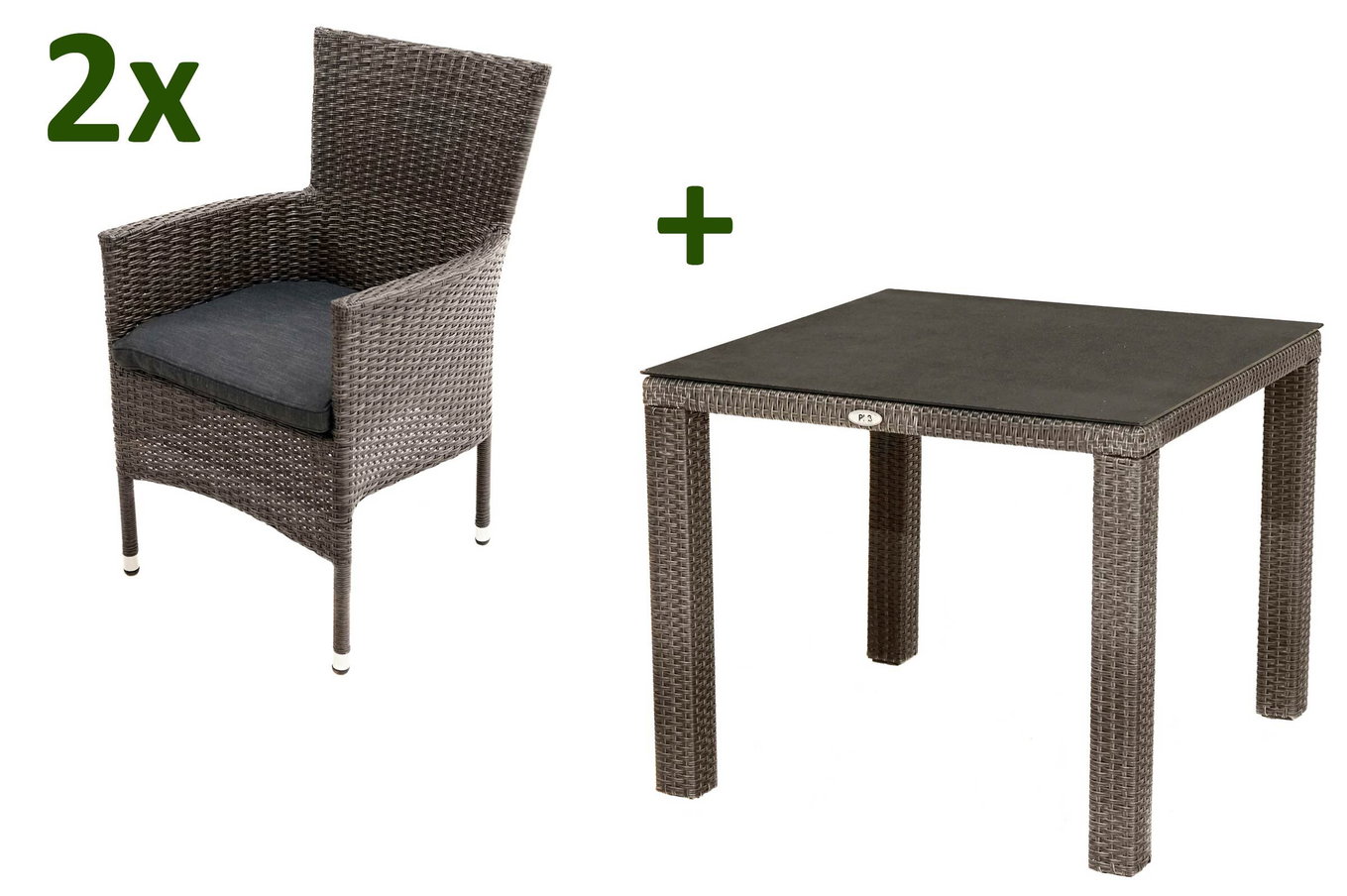 Ploß Rocking zestaw balkonowy, szary/brązowy-melanżowy, polyrattan, stół 90x90 cm, 2 krzesła sztaplowane, płyta szklana w wyglądzie kamienia 21078__1
