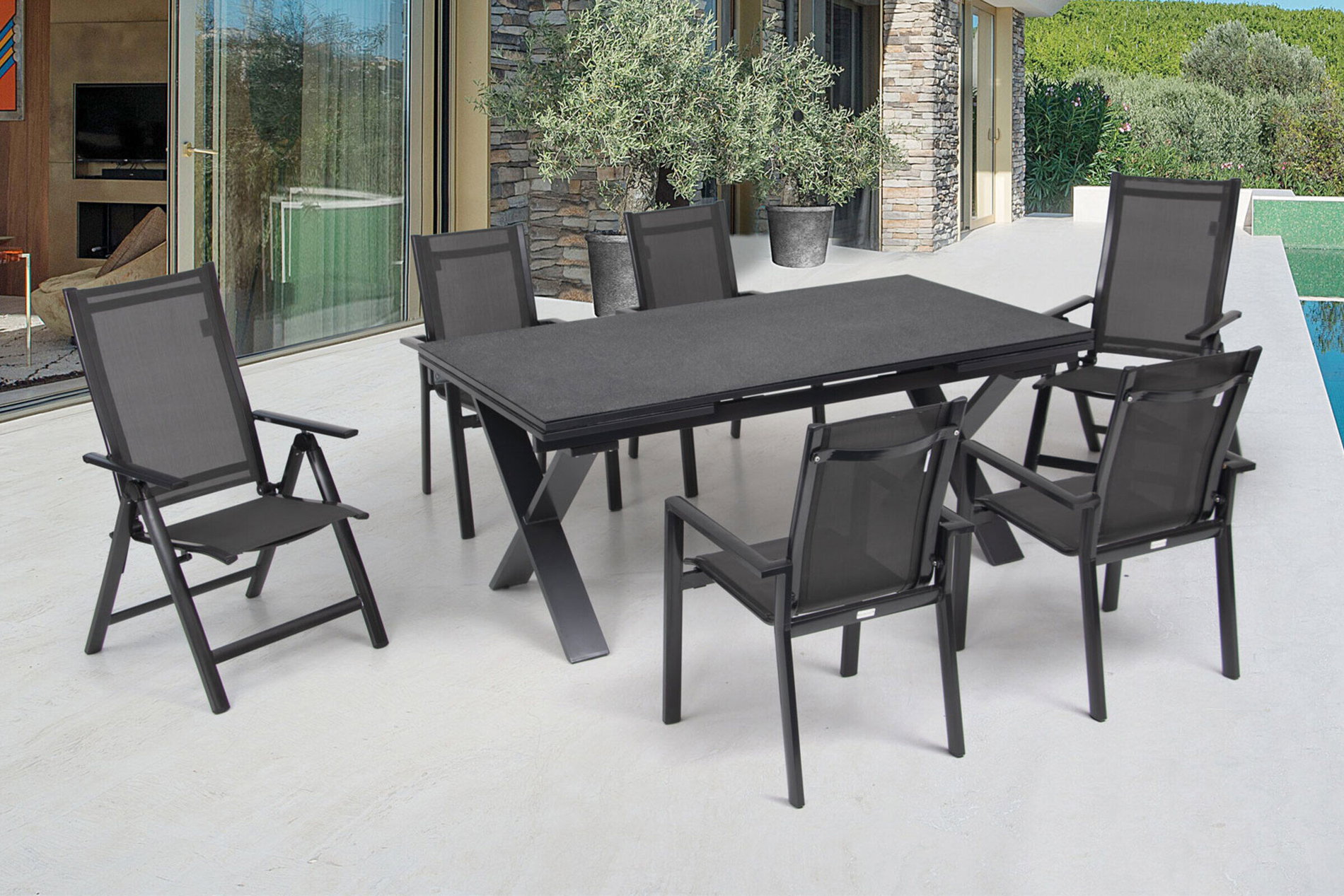 OUTFLEXX Grupa jadalnia ogrodowa, antracyt, alu / ceramika / tekstylia, 180/280x100cm, 2 krzesła składane, 4 fotele sztaplowane 22235__1