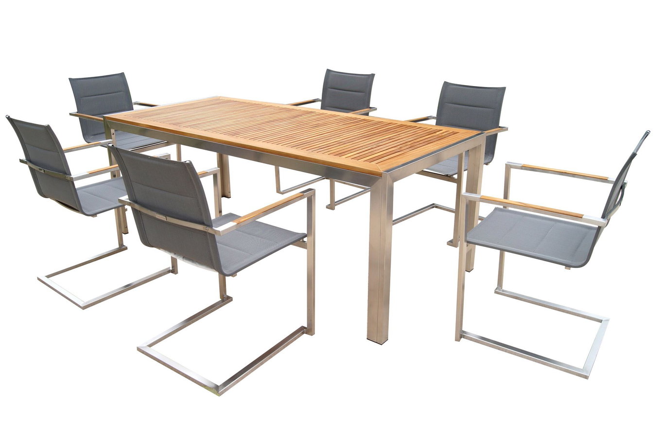 OUTFLEXX Grupa stołowa ogrodowa, srebrna, stal nierdzewna/teak, stół 200 x 90 cm, 6 krzeseł sztaplowanych z wyściółką 14203__1