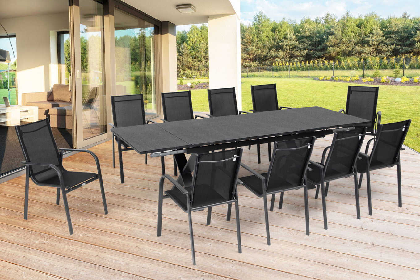 OUTFLEXX Grupa jadalnia ogrodowa, OUTFLEXX® antracyt matowy, Alu / Spraystone / Textil, Stół 180/280x100cm, 10 krzeseł, sztaplowane 22145__1