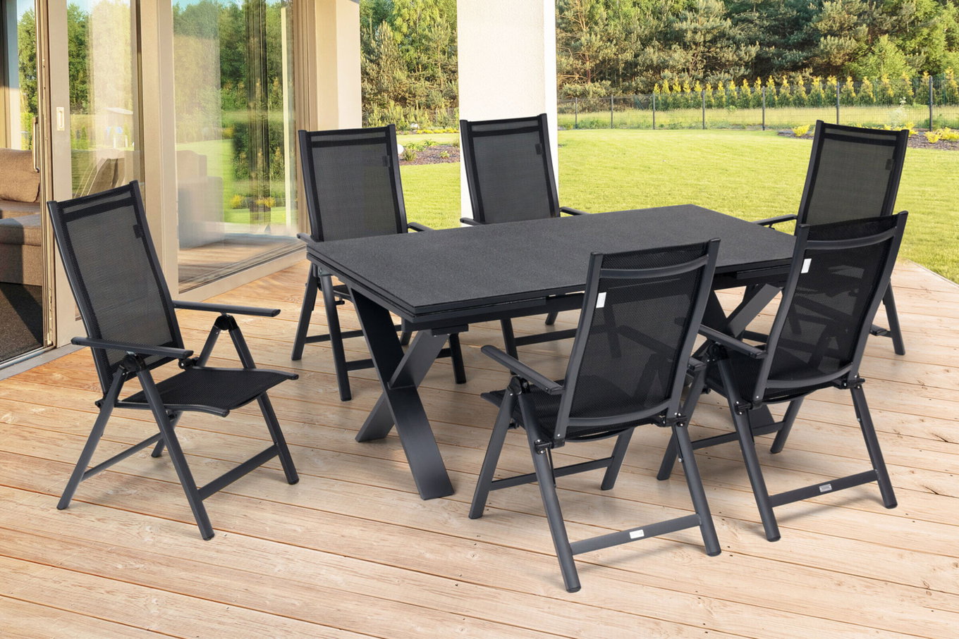 OUTFLEXX Grupa jadalna ogrodowa, OUTFLEXX® antracyt matowy, Alu / Spraystone / Textil, Stół 180/280x100cm, 6 krzeseł składanych 22133__1