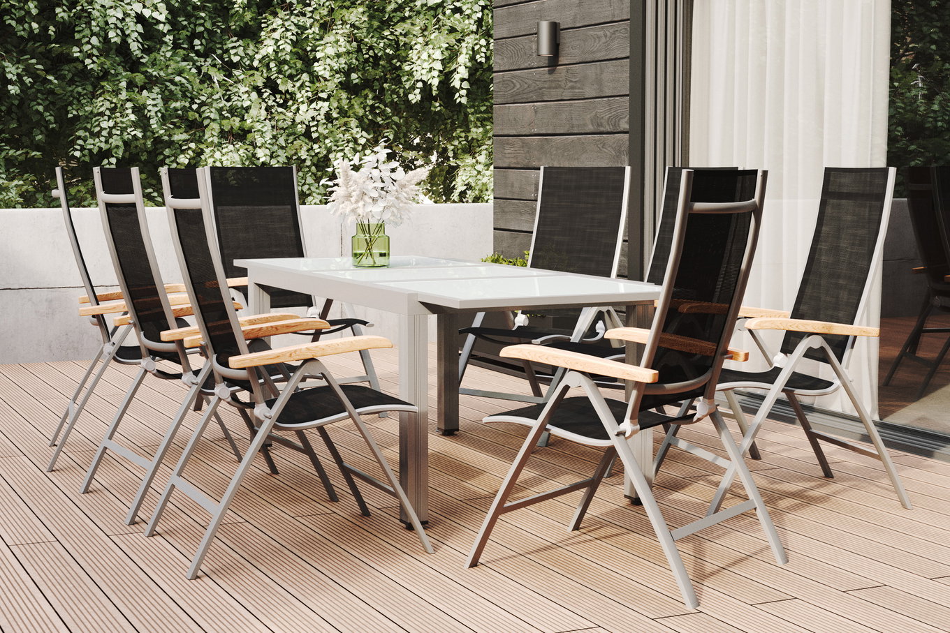 Zestaw mebli ogrodowych VILLANA, biały/srebrny, aluminium/szkło hartowane, stół rozkładany 160/220 x 90 cm, 8 krzeseł składanych, produkt certyfikowany FSC® 34571__1