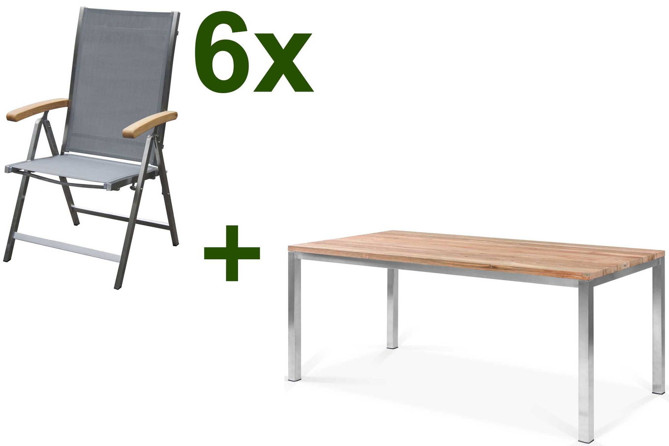 OUTFLEXX Ogrodowa grupa jadalnia, stal nierdzewna/recyklowane drewno tekowe, stół 180 x 90 cm, 6 składanych krzeseł, srebrny, produkt certyfikowany FSC® 17290__1