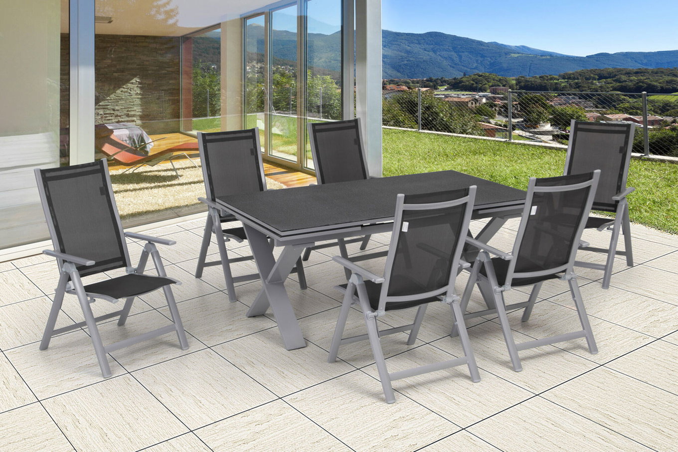OUTFLEXX Ogrodowa grupa jadalnia, srebrna, aluminium / Spraystone / textil, stół 180/280x100cm, 6 krzeseł składanych 22211__1