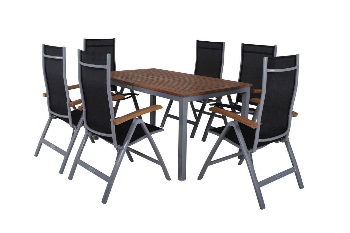 VILLANA Zestaw stołowy ogrodowy, srebrny/czarny, aluminium / akacja, Stół ogrodowy 150 x 90 cm, 6 krzeseł składanych, Produkt certyfikowany FSC® 16467__1