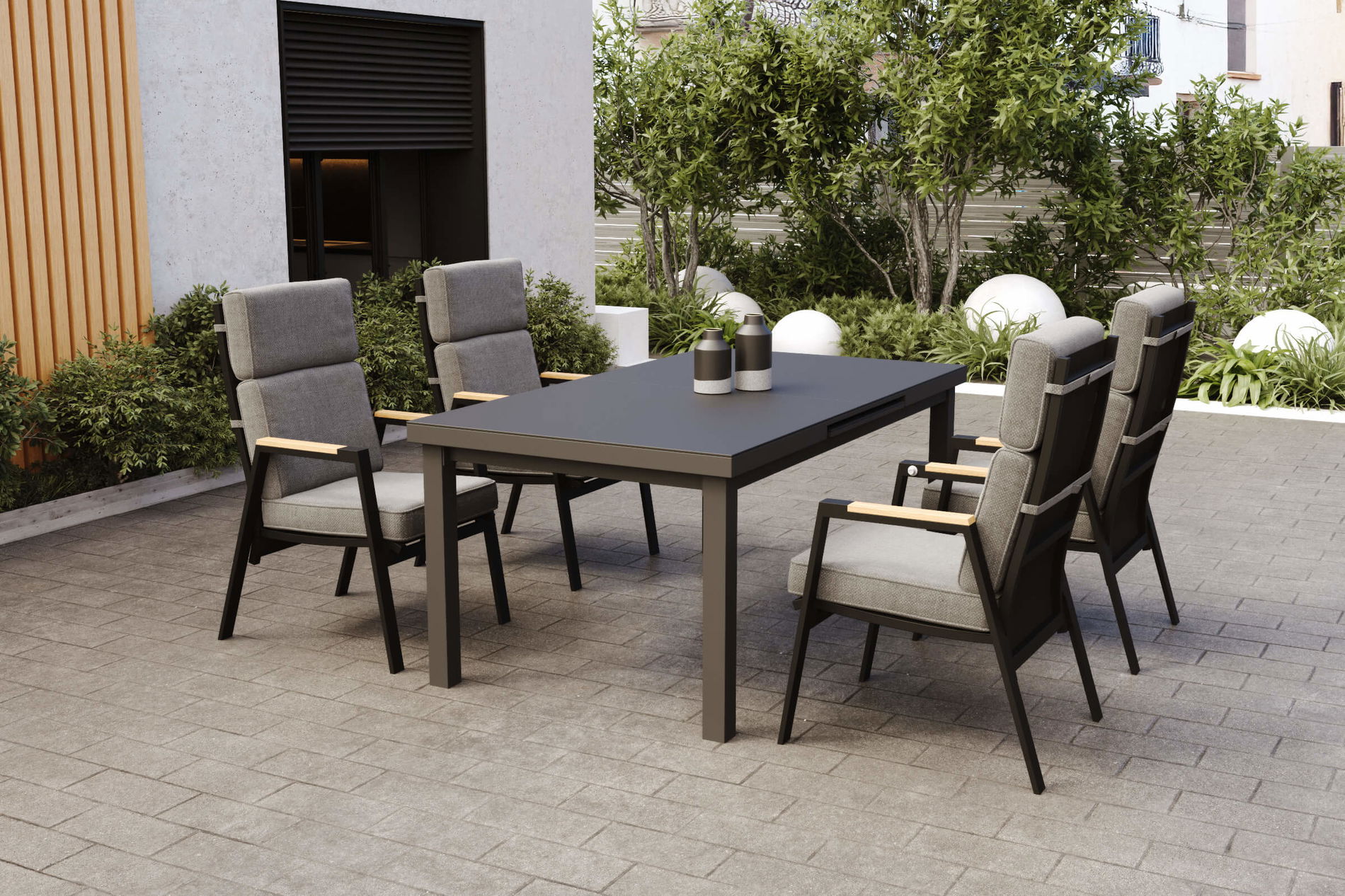 OUTFLEXX Korba Ogrodowy zestaw jadalniany z 4 fotelami, antracytowy matowy, Alu/Teak, rozkładany stół 180/240 x 100 cm, z poduszkami 80589__1