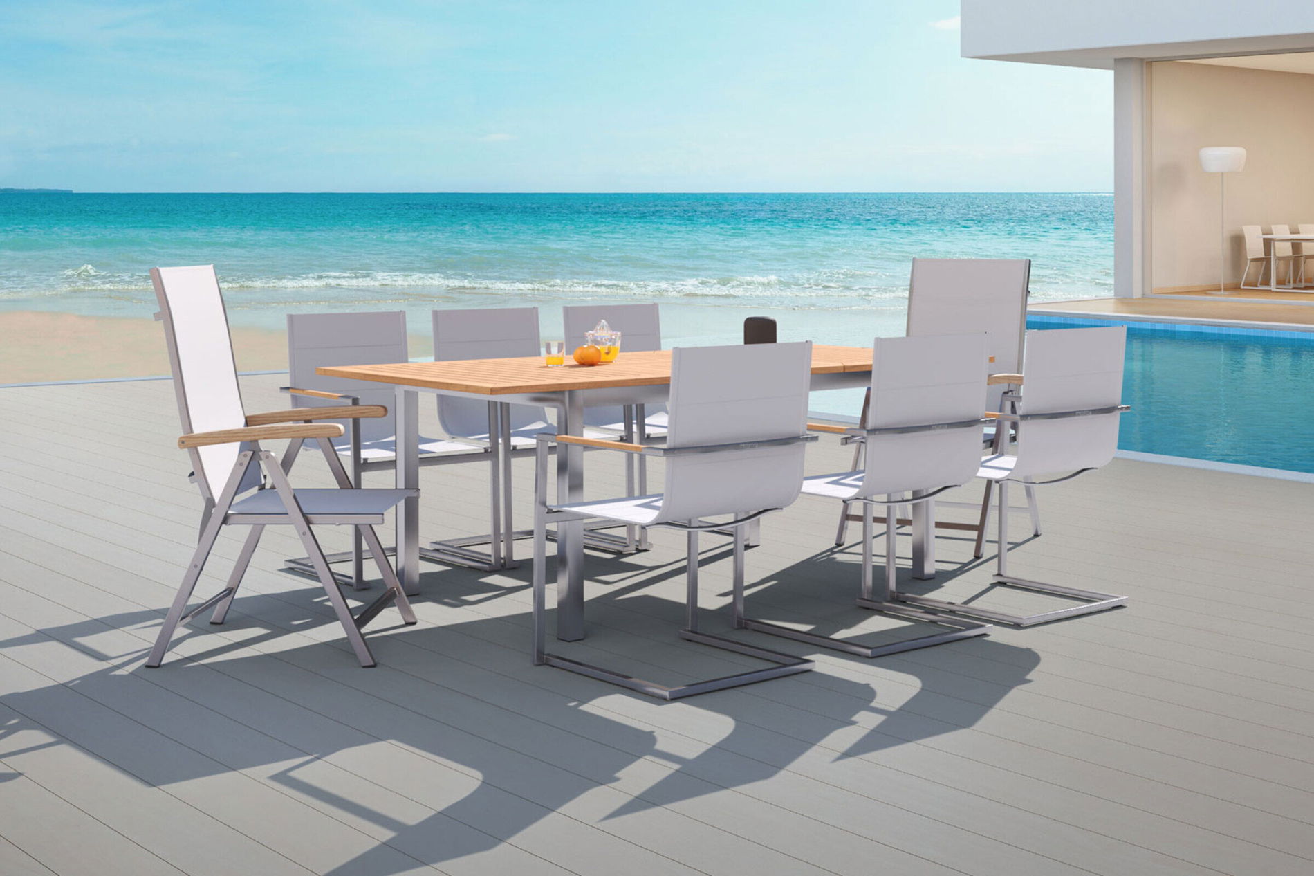 OUTFLEXX Ogrodowa grupa stołowa, srebrna, 180/240 x 100 cm, stal nierdzewna/teak, stół rozkładany, 4 krzesła padded, 2 krzesła składane, produkt certyfikowany FSC® 14142__1