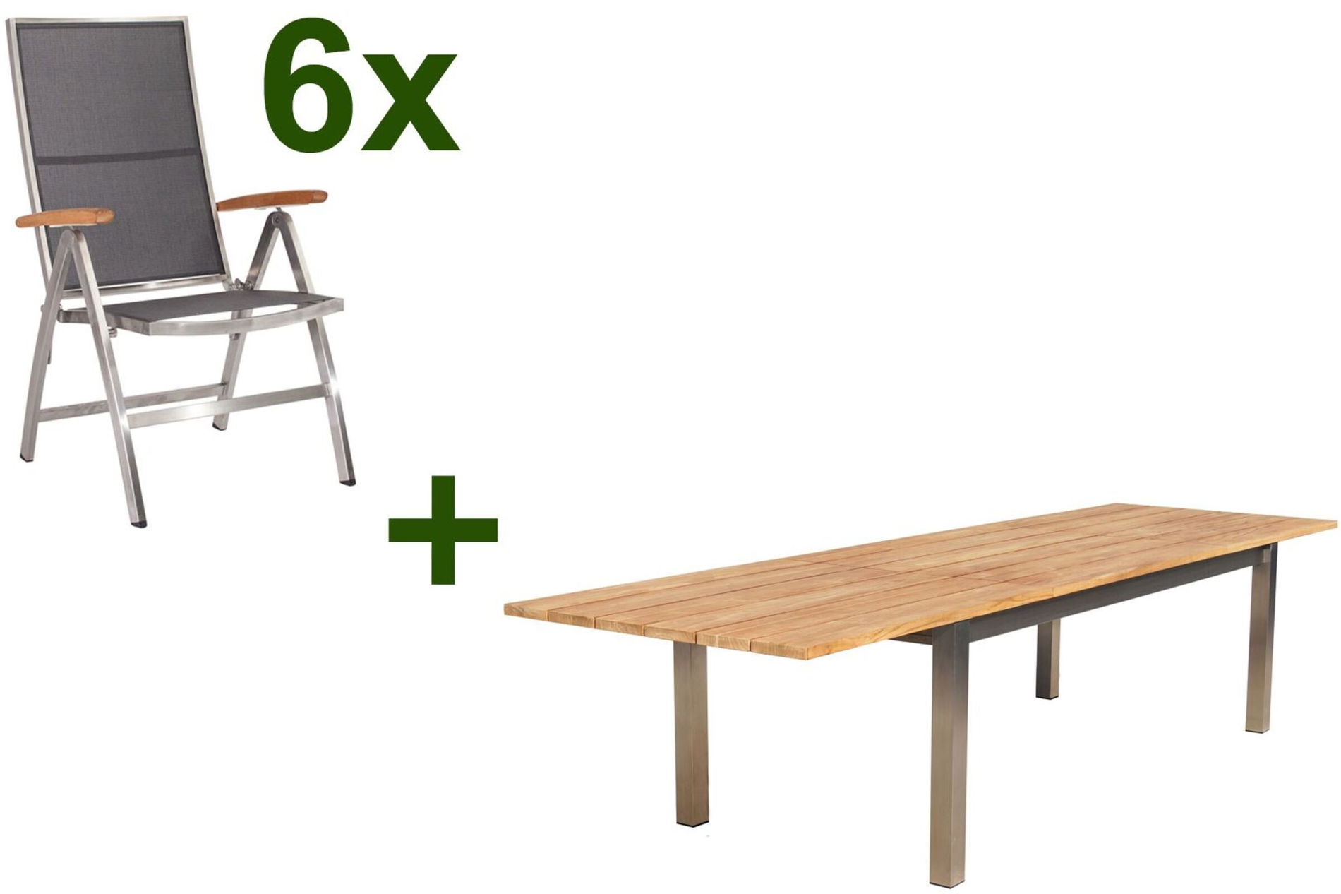 STERN Cardiff Ogrodowa grupa jadalna, srebrny/srebrnoszary, Stal nierdzewna/Tek, Stół 220/340 x 100 cm, 6 krzeseł składanych, Produkt z certyfikatem FSC® 19745__1